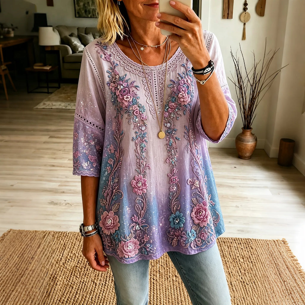 Women's Retro Boho Floral Embroidered Gradient Art Casual T-shirt