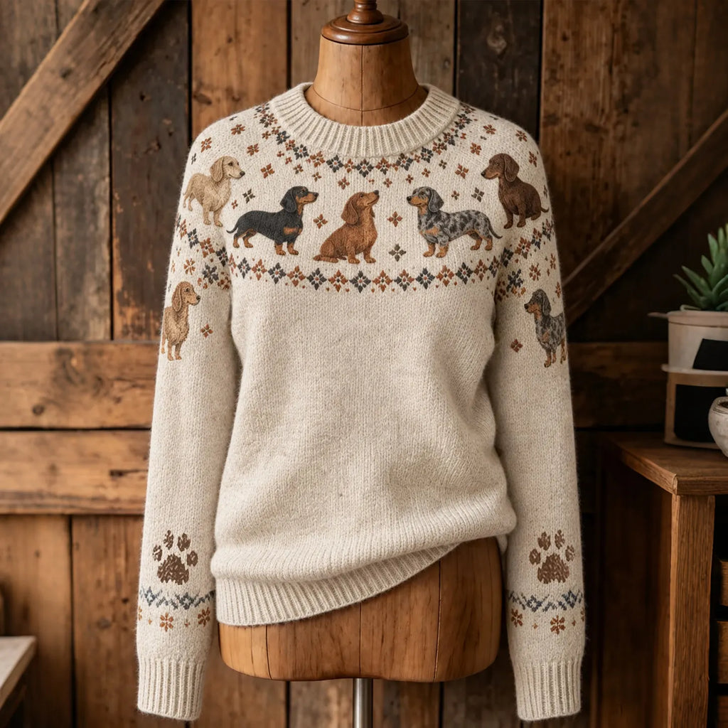 Women's Retro Dachshund Puppy Pattern Cozy Fair Isle Style Knit Sweater