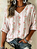 Women's Casual Printed Cotton-Linen Top