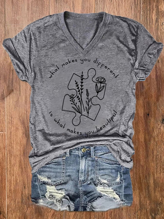 Women's What Makes You Different Is What Makes You Beautiful Autism Awareness V-Neck Tee