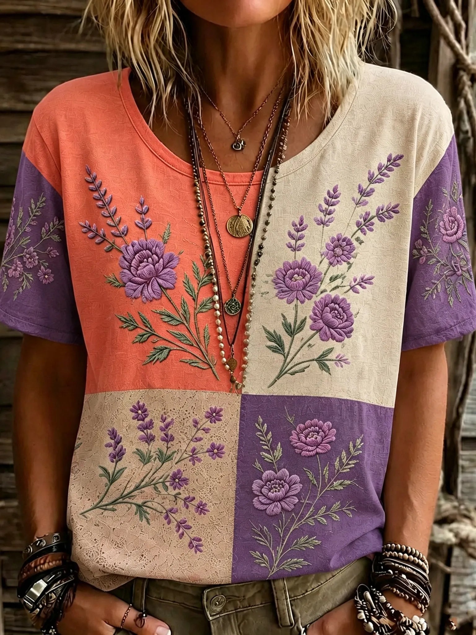 Women's Retro Purple Floral Pattern Color Block Crew Neck T-shirt