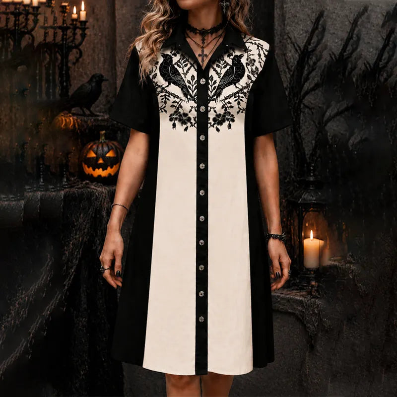 Women's Gothic Halloween Symmetrical Crow Plant Floral Mid-length Shirt Dress
