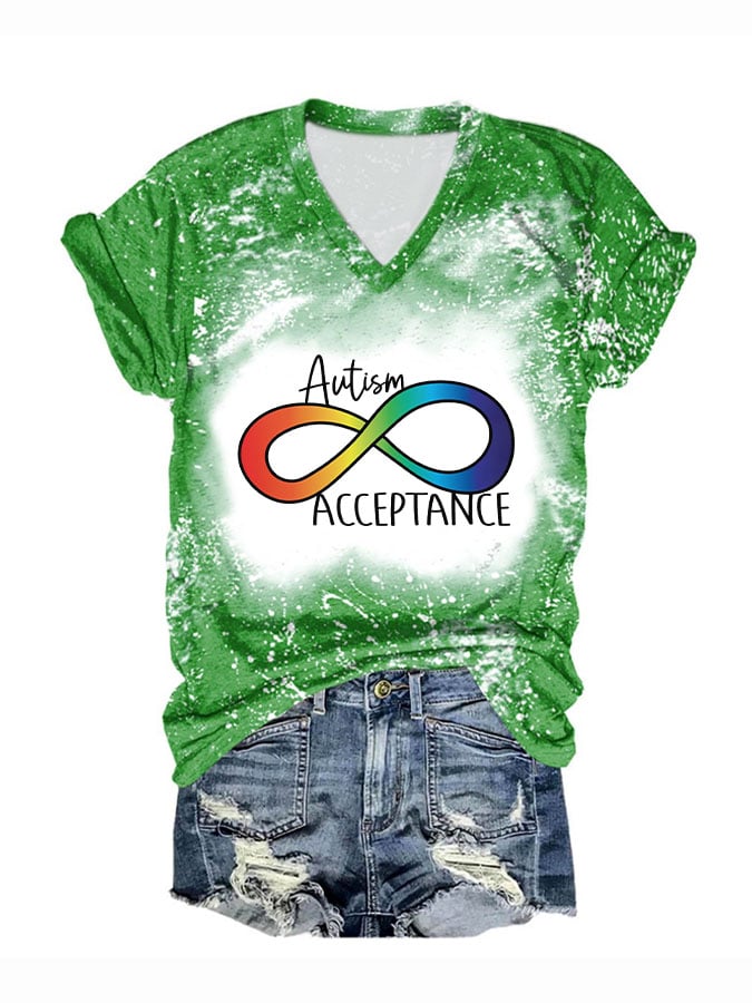 V-neck Autism Awareness Acceptance Print T-Shirt