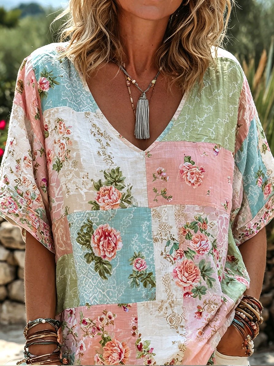 Women's Casual Breast Cancer Awareness Pink Floral Bohemian Top