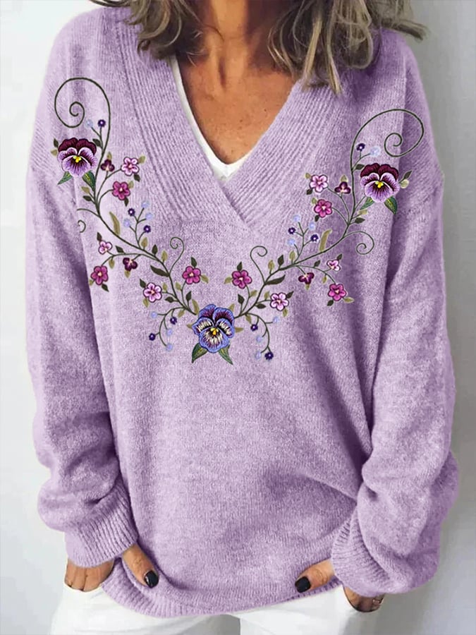 Women's Pansy Floral Vine Embroidered V Neck Cozy Knit Sweater