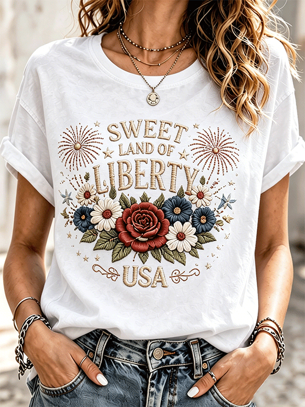 Women's Sweet Land of Liberty Floral USA Patriotic T-Shirt