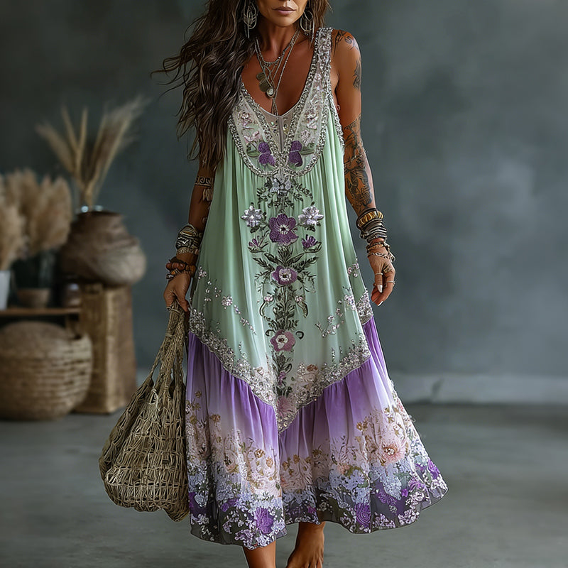 Classy Gradient Purple Lavender And Floral Round Neck Linen Tank Dress