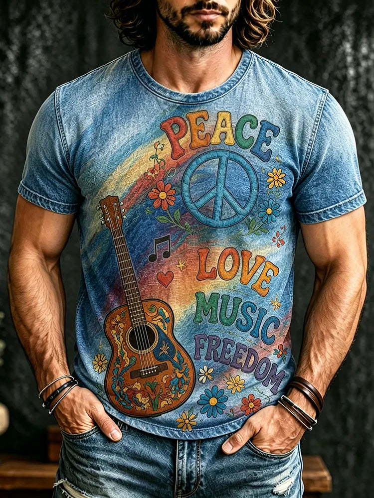 Men's Hippie Tie Dye Rainbow With Guitar Pattern Print Washed  T-shirt