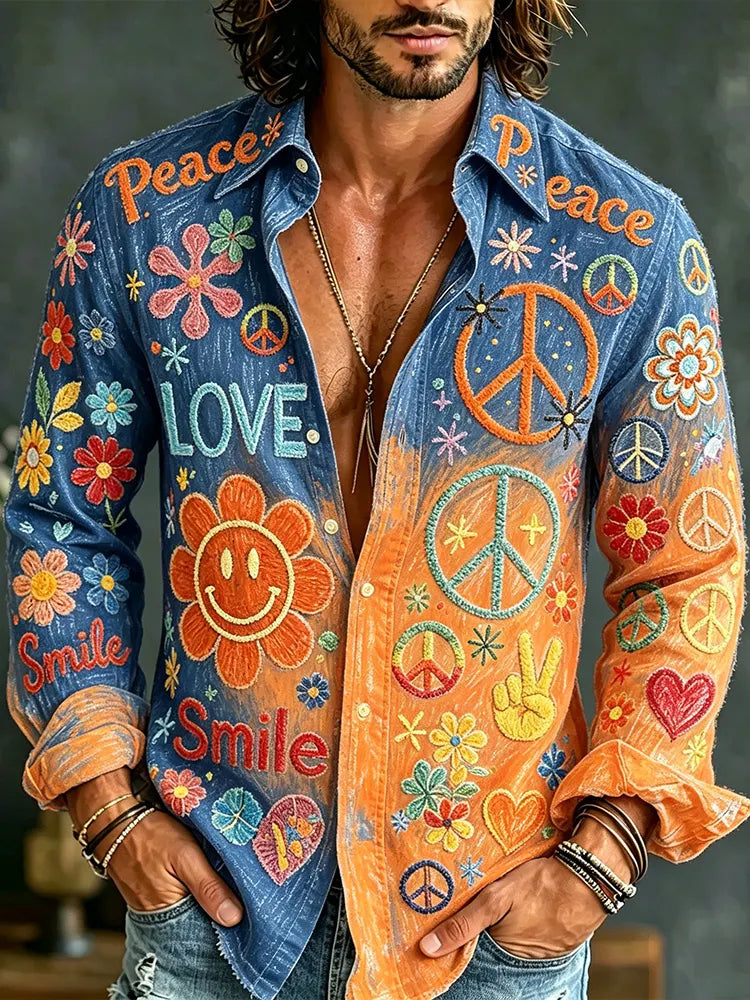 Men's Hippie Style Floral Embroidered Gradient Casual Long Sleeve Shirt
