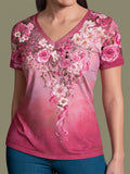 Women's Breast Cancer Awareness Floral Art V-Neck Short-Sleeve T-Shirt