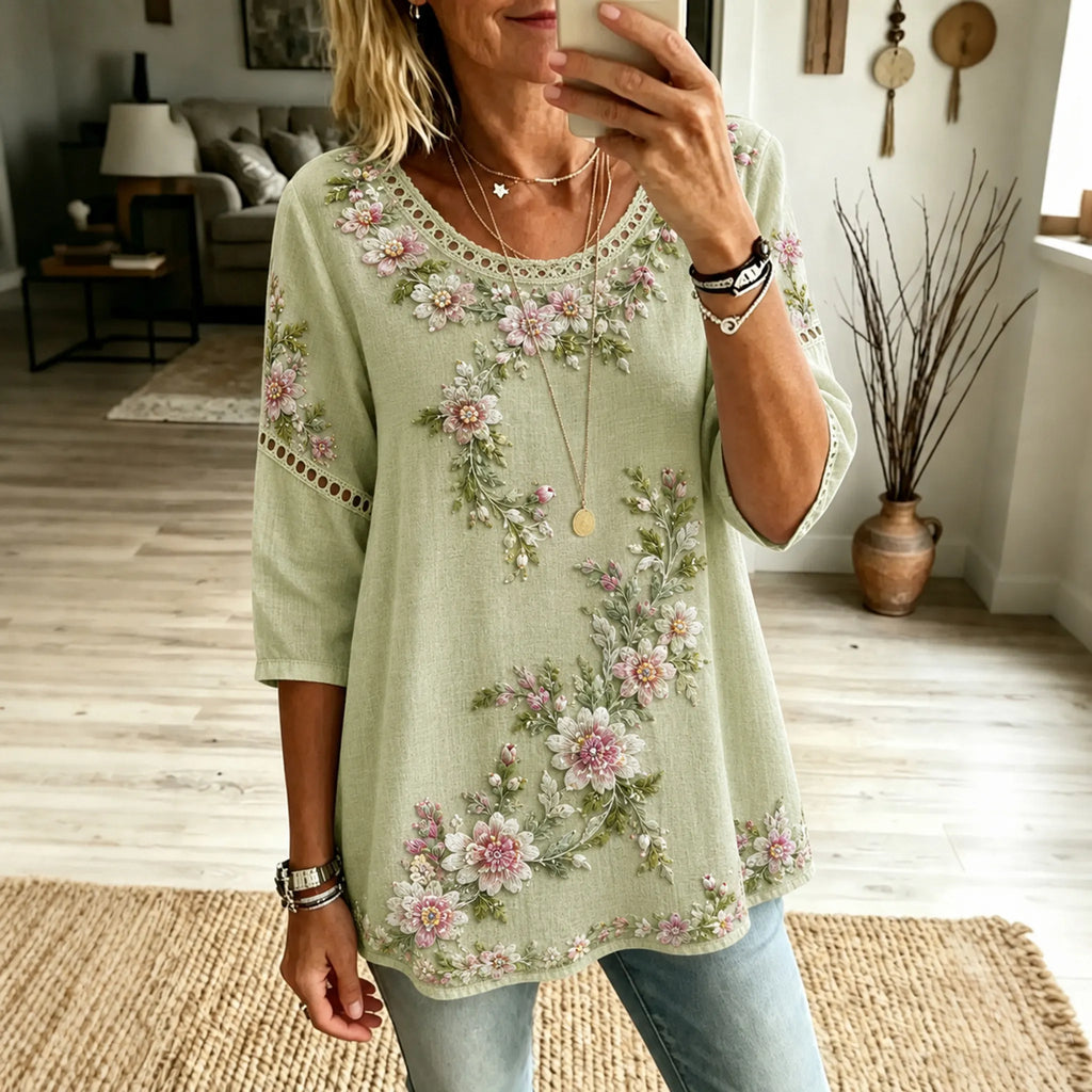 Women's Floral Embroidered Art Crew Neck Linen Blend T-shirt