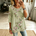 Women's Floral Embroidered Art Crew Neck Linen Blend T-shirt