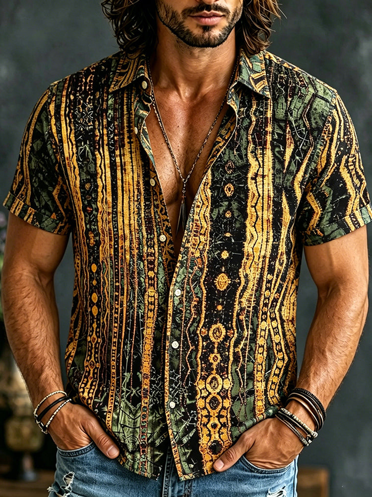 Men's Retro Striped Cotton Linen Short-sleeve Shirt