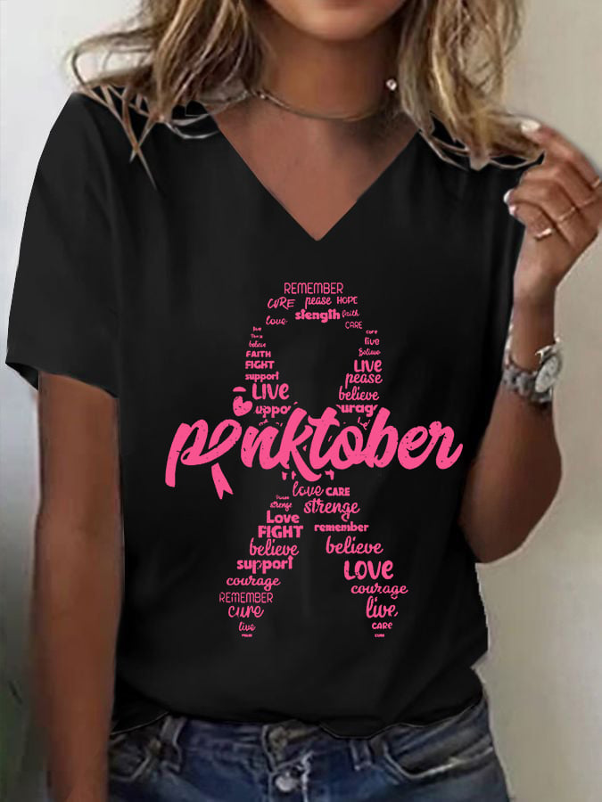 Women's Pinktotber Breast Cancer Awareness Print V Neck T-Shirt