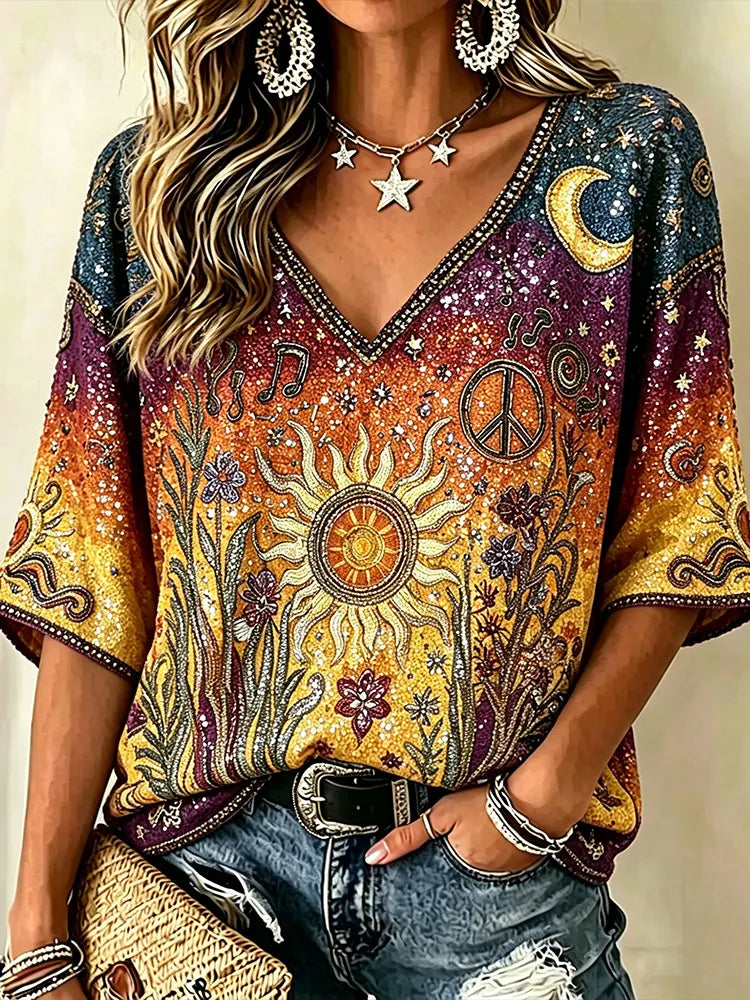 Boho Hippie Sun Moon Peace Sign Rhinestone V-neck Blouse, Retro Music Note Floral 3/4 Sleeve Casual Top For Women