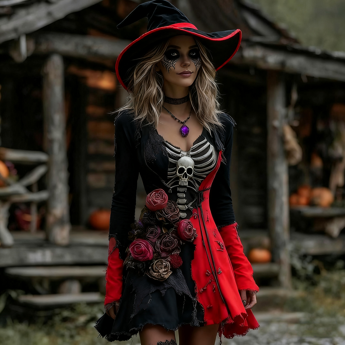 Women's Halloween Rose Skeleton  Cosplay Midi Dress