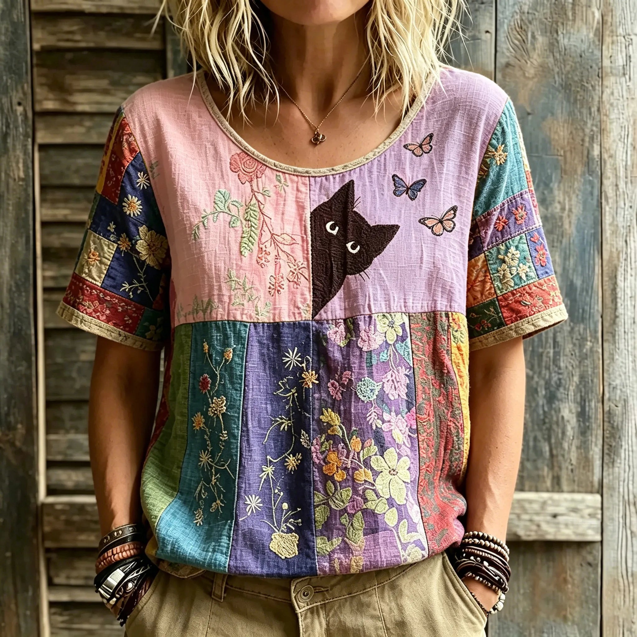 Women's Hippie Black Cat Art Embroidered Linen Blend Round Neck Tshirt
