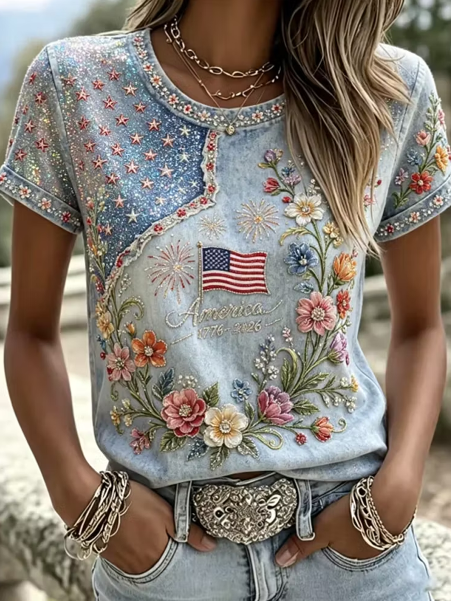 American Women'S Anniversary Flag And Flower Art Patch Printed Short Sleeves
