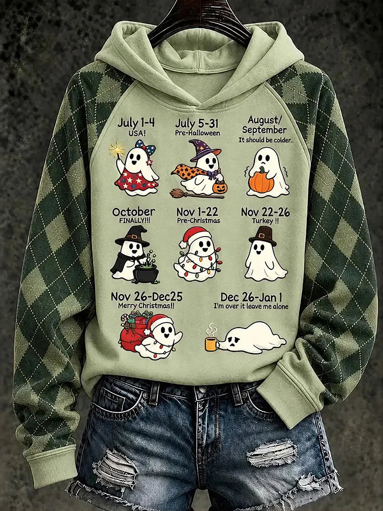 Women's Cute Ghost Holiday Calendar Print Hoodie