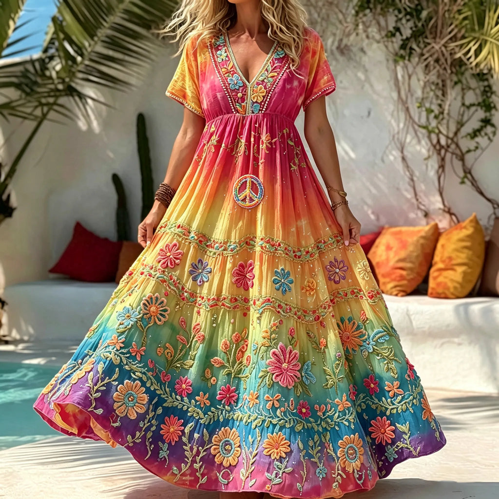 Women's Retro Hippie Style Floral Peace Symbol Embroidered Cotton Linen V-neck Short Sleeve Dress