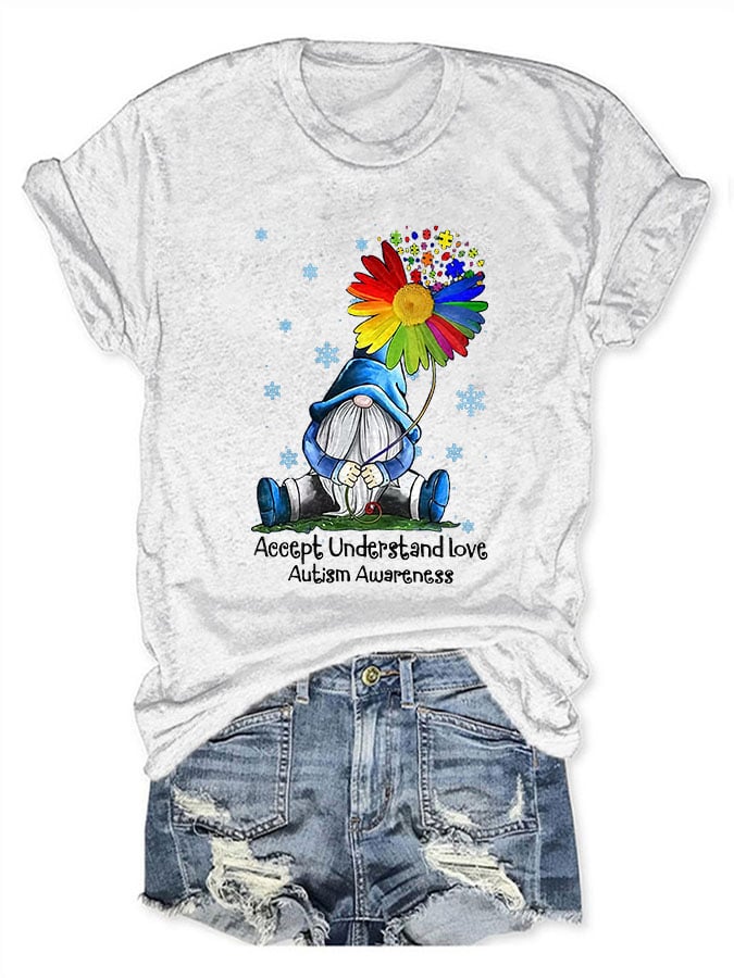 Round Neck Gnome Autism Awareness Accept Understand Love Print T-Shirt