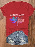 V-neck Autism Mom Print T-Shirt