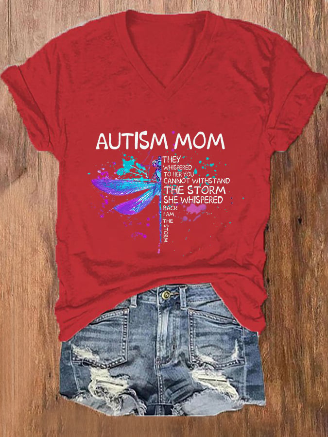 V-neck Autism Mom Print T-Shirt