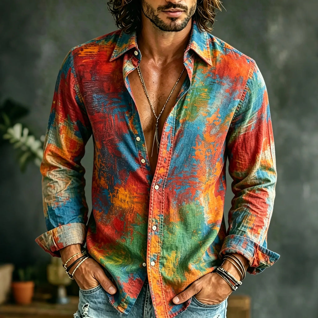 Men's Hippie Vintage Gradient Print Long Sleeve Linen Shirt