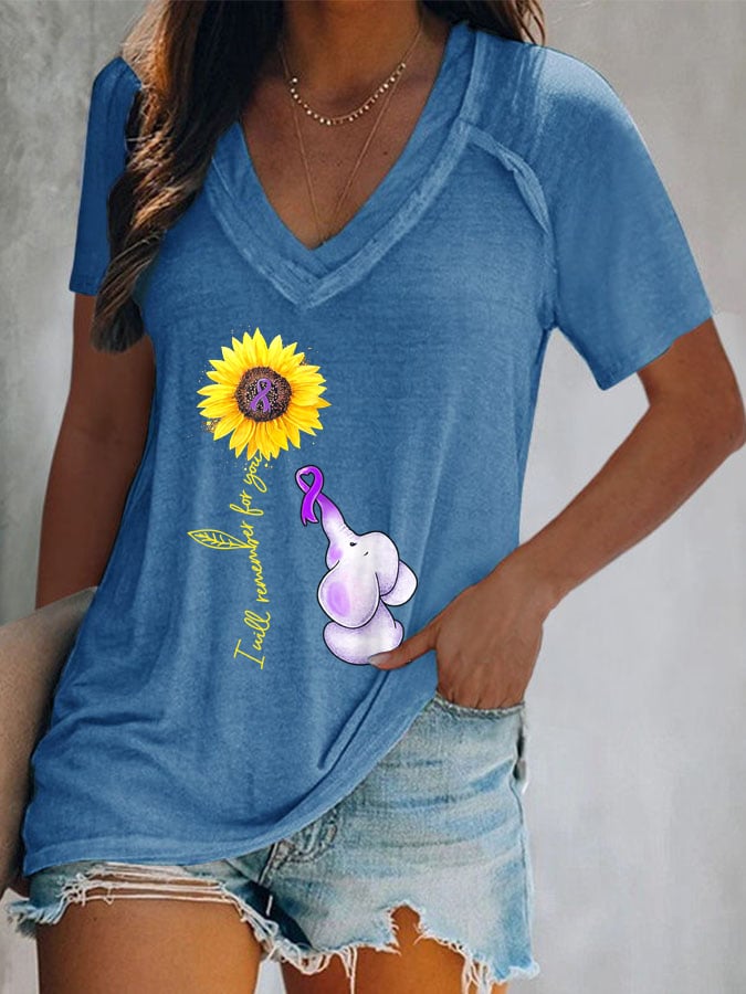 Women's Elephant I Will Remember For You Sunflower Alzheimer Print T-shirt