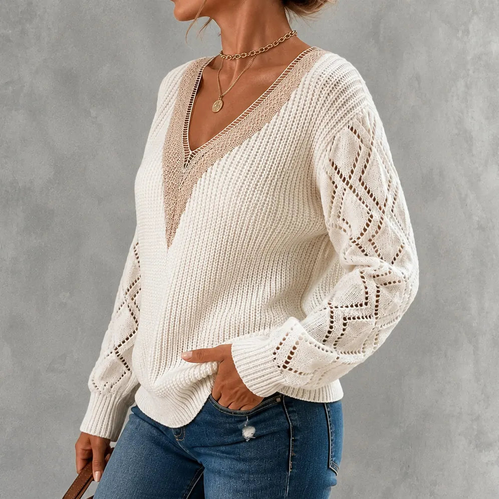Elegant Lace-trimmed V-neck Long-sleeved Pullover Knit Sweater