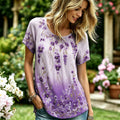 Women's Vintage Classy Purple Pansy Art Flowy Linen Blend Short Sleeves T-shirt