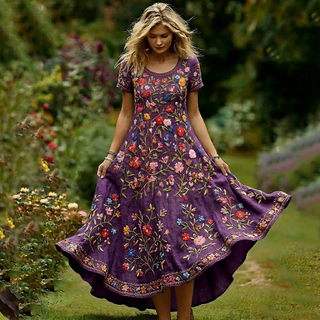Women's Vintage Purple Rose Gradient Pattern Casual Short-sleeve Dress