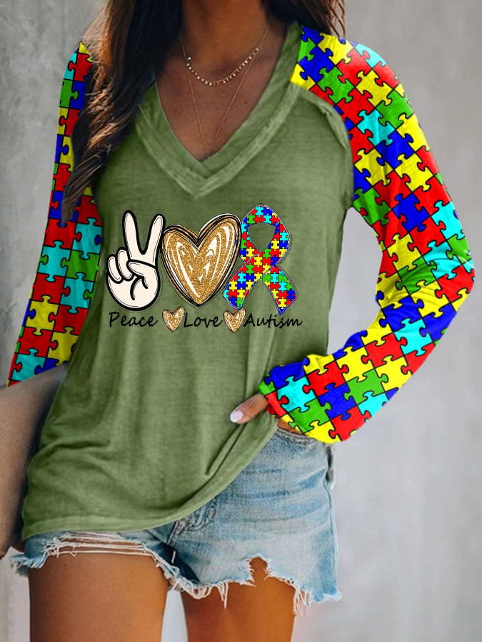 Women's Peace love Autism Printed V Neck Long Sleeve T-Shirt