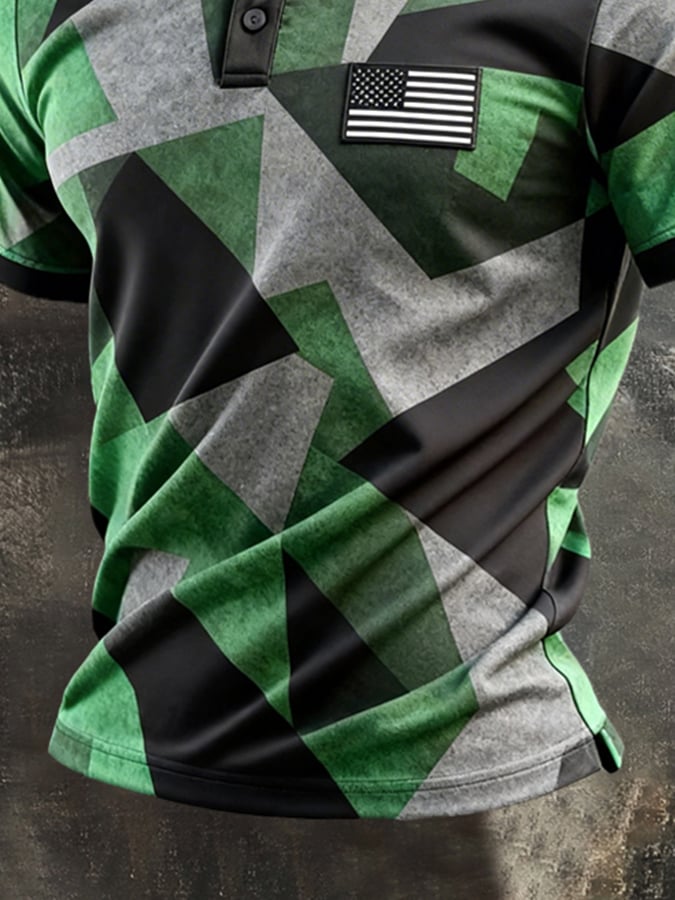 Men's Retro Patriotic Color-Block Short-Sleeve Polo Shirt