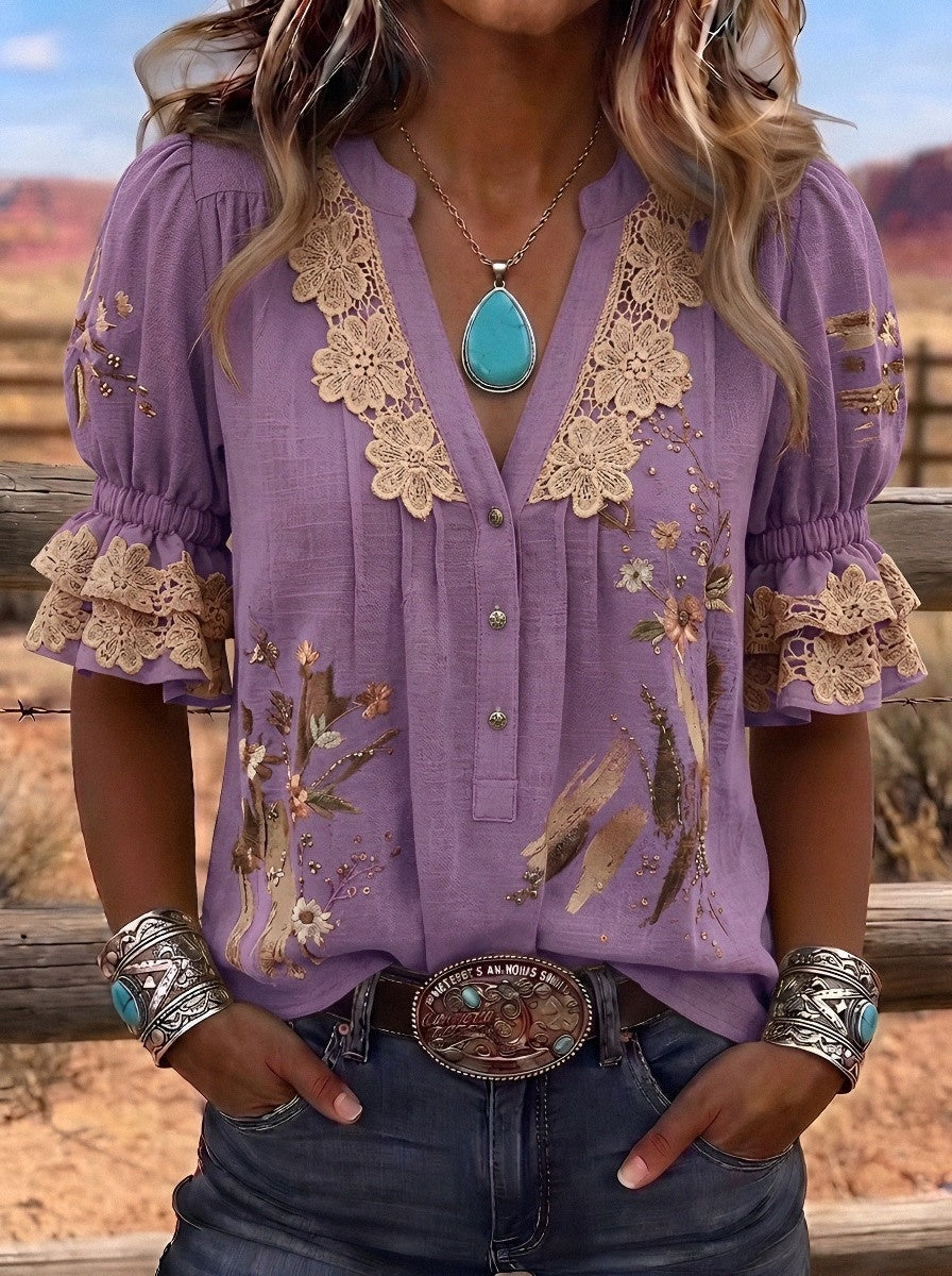 Women's Western Vintage Floral Lace Trimmed Printed Top