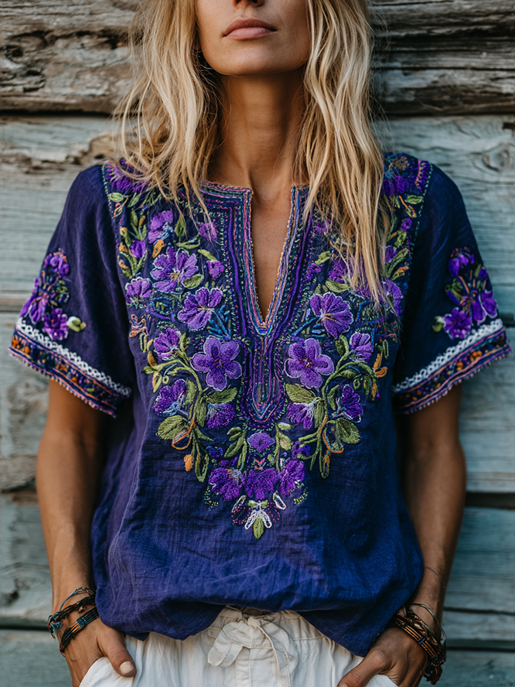 Women's Floral Embroidery Art Linen V-neck Shirt