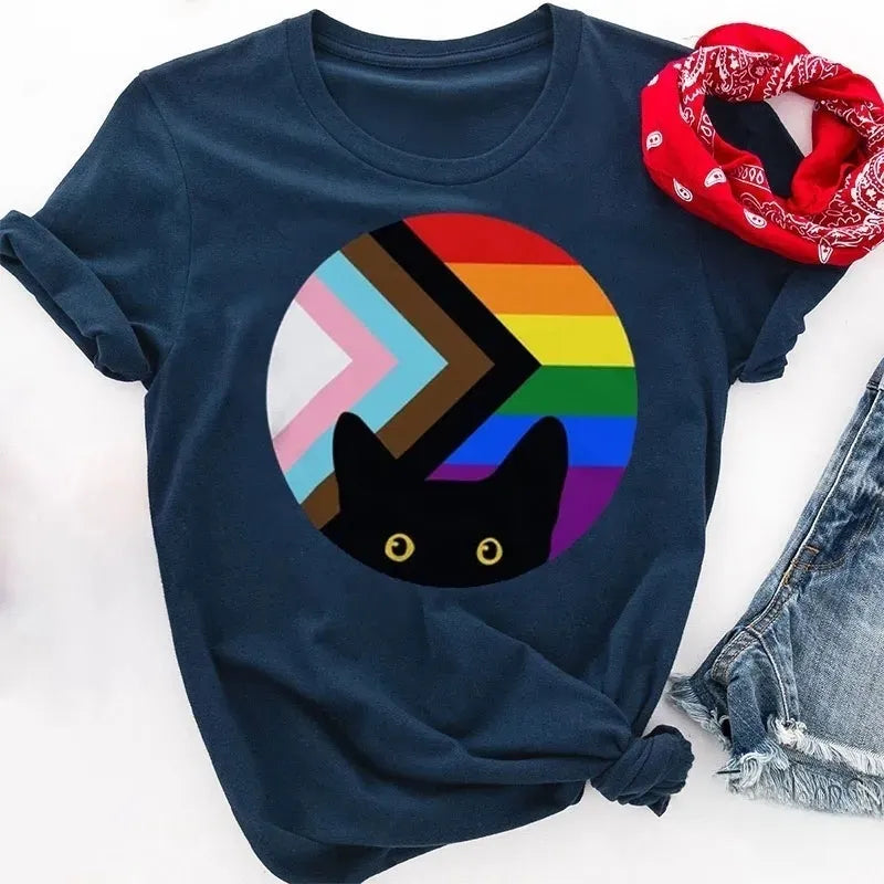 Rainbow And Black Cat Cotton T-Shirt