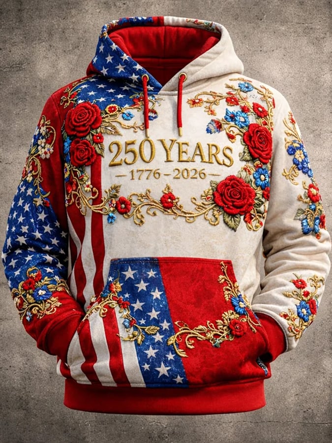Men'S Casual Hooded Sweatshirt With American 250th Anniversary Print