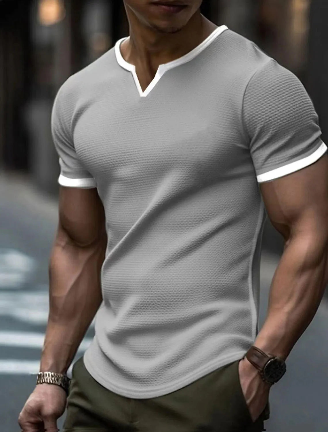Men's V-Neck Color-Block Short-Sleeve Outdoor Sports T-Shirt