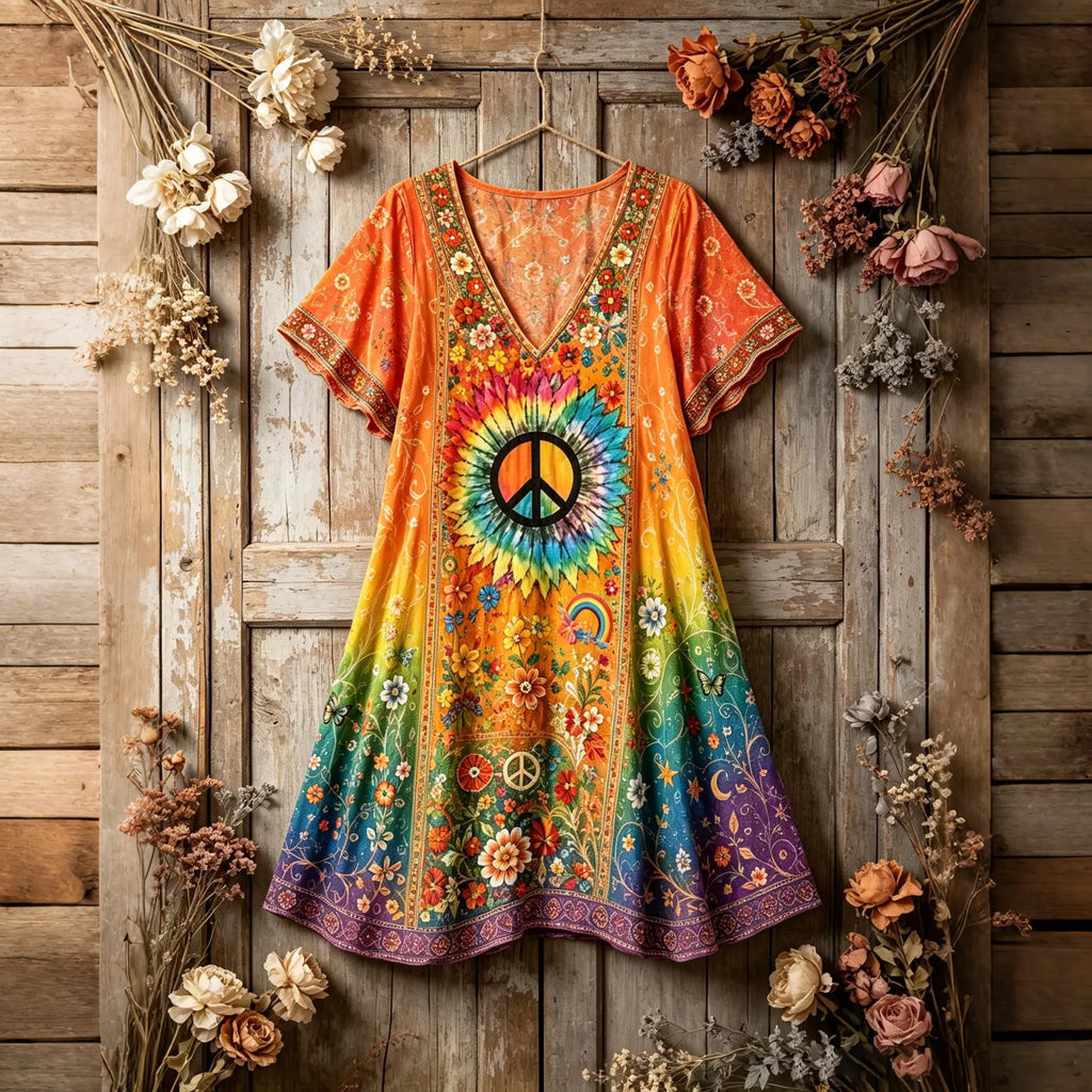 Women's Hippie Peace And Floral Embroidered Short Sleeve Dress
