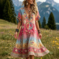 Women's Retro Hippie Floral Gradient Casual Short Sleeve Linen Maxi Dress