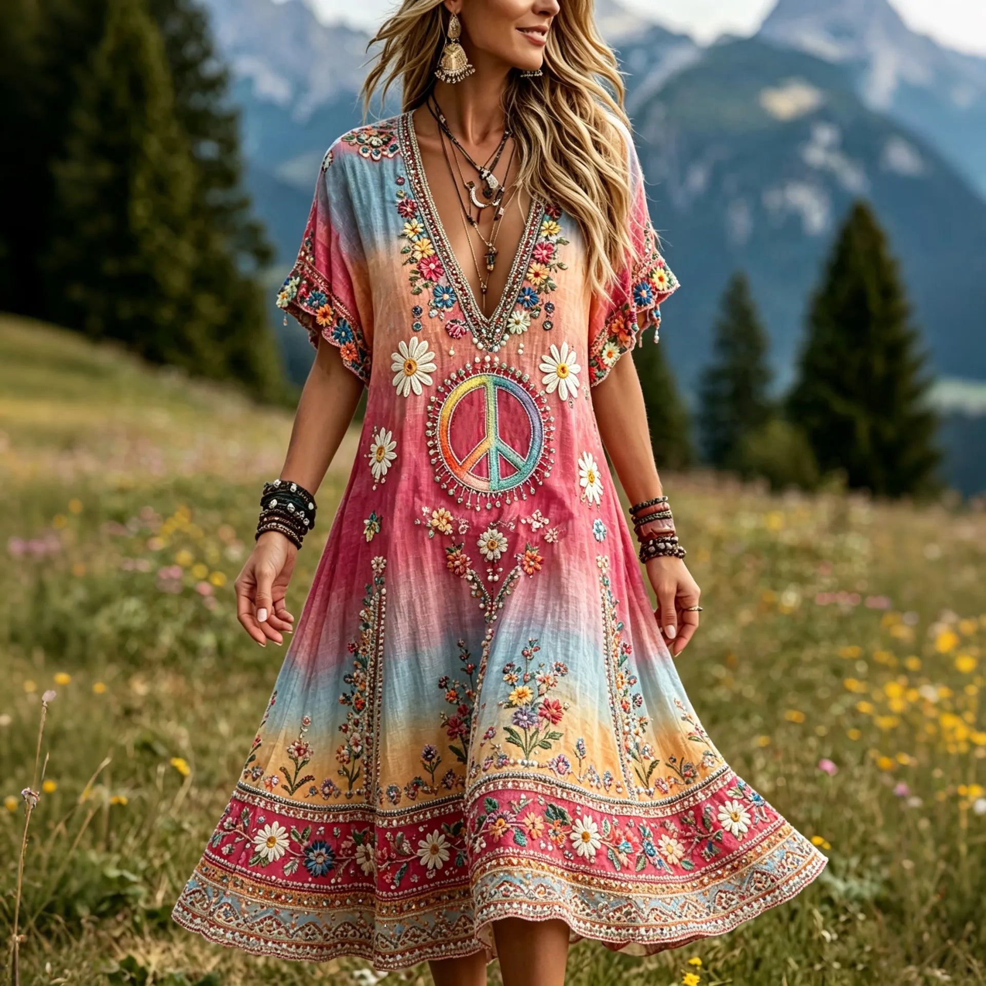 Women's Retro Hippie Floral Gradient Casual Short Sleeve Linen Maxi Dress