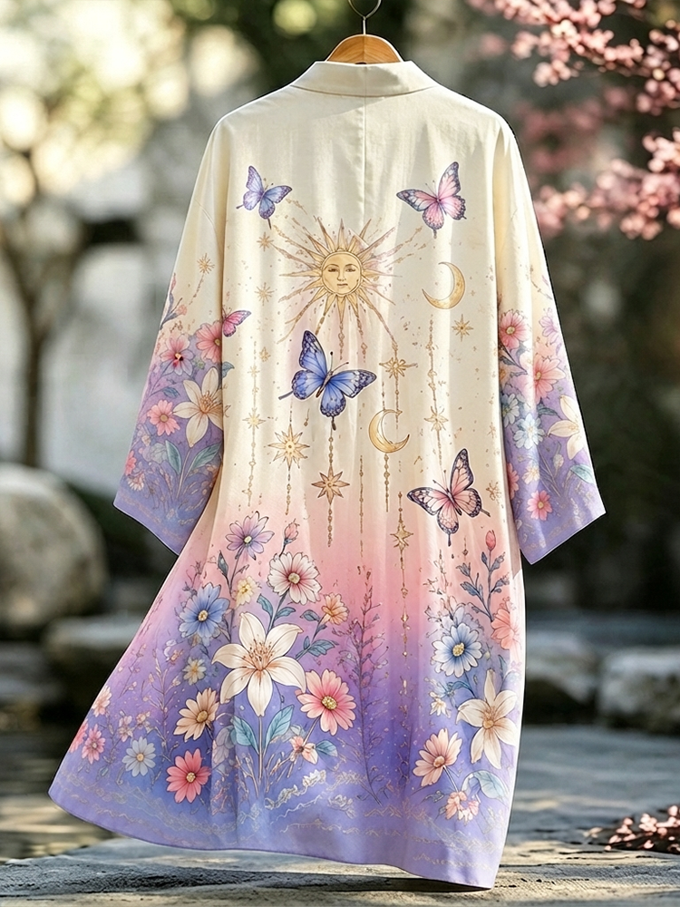 Women's Casual Open-front Long Cardigan With Celestial Sun, Moon, Butterflies, And Ombre Floral Print