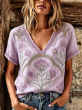 Women's Purple Floral Print Comfortable V-Neck T-Shirt