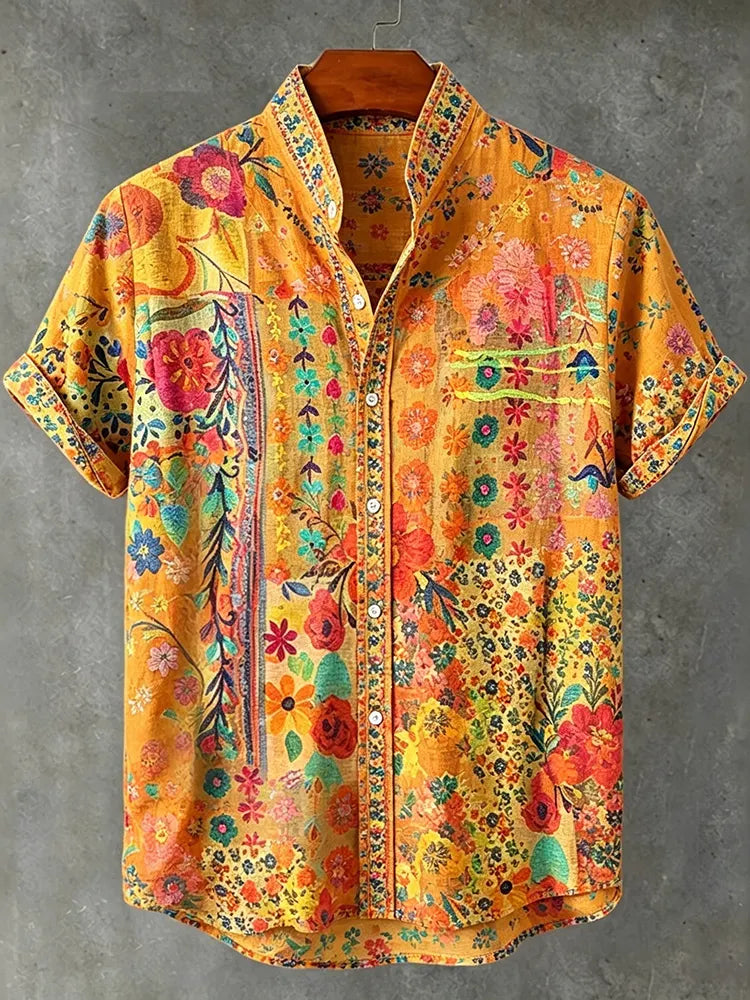 Abstract Hippie Colorful Bohemian Floral  Art Print Men's Short Sleeve Button Up Shirt