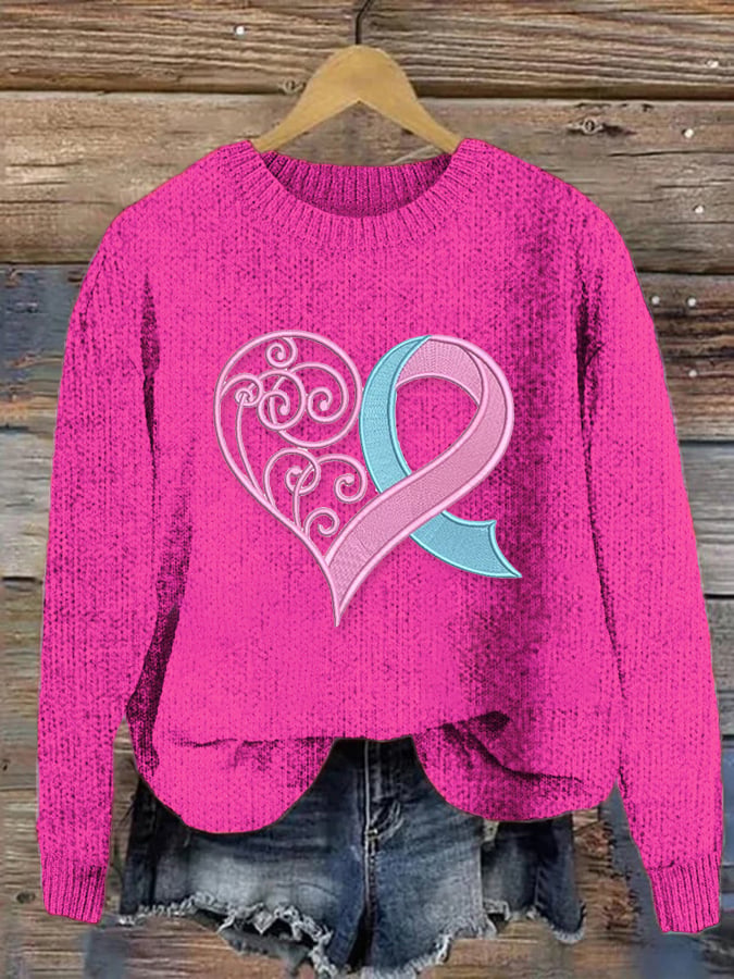 Women's Casual Pink Heart Breast Cancer Sweater