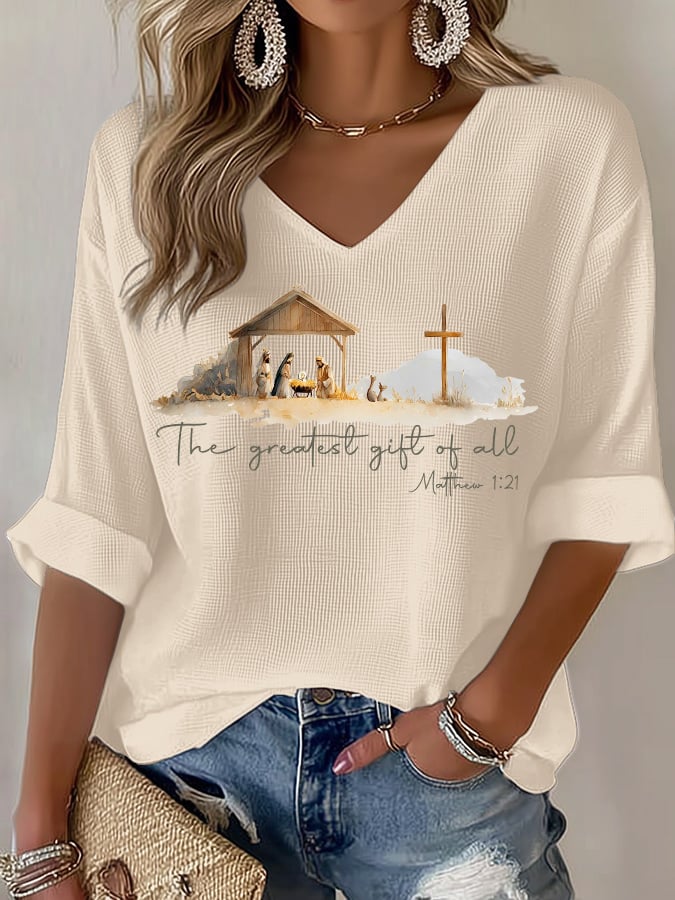 V-Neck Retro Christmas The Greatest Gift Of All Is Jesus Matthew 1:21 Print T-Shirt