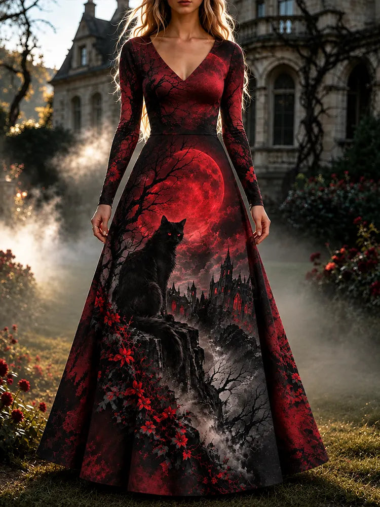 Women's Gothic Red Moon, Castle & Black Cat Long Sleeve Maxi Dress
