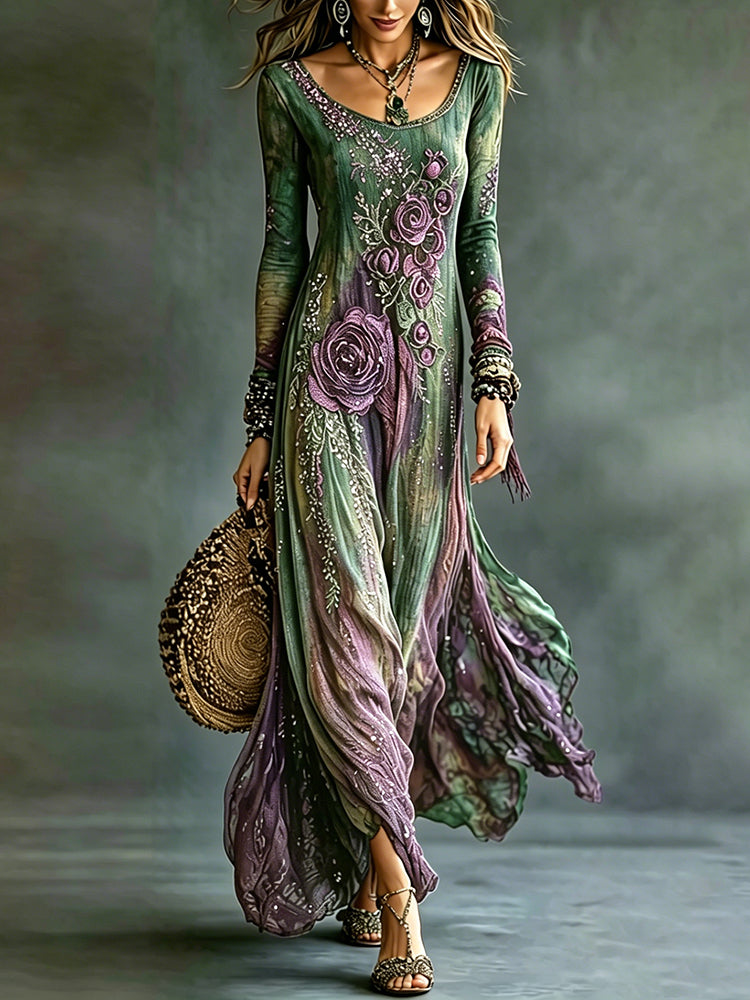 Women's Romantic Floral Art Round Neck Long Sleeve Maxi Dress