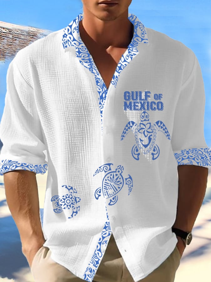 Men's Gulf Of Mexico Turtle Print Vacation Waffle Shirt